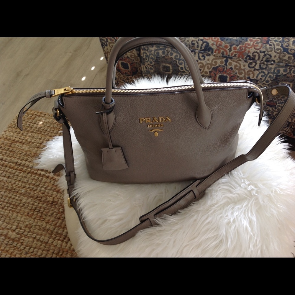 Authentic Prada clay gray pebble leather bag